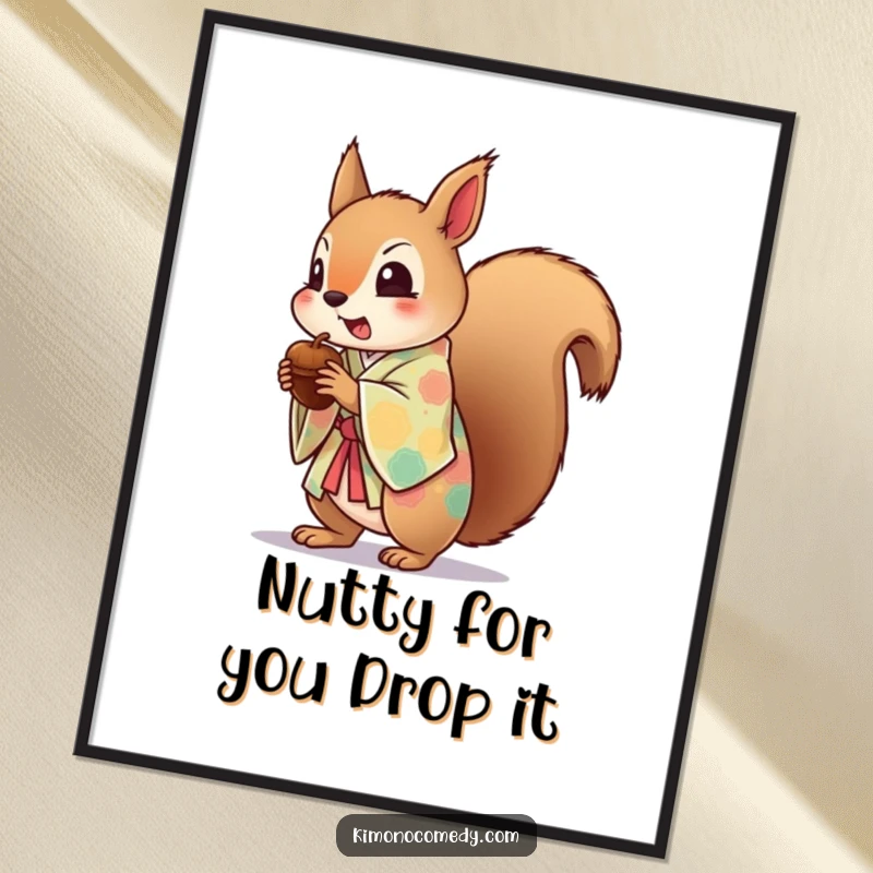 Funny Free Printable Wall Art: Kawaii squirrel in a bright kimono, startled and dropping an acorn with comedic effect.