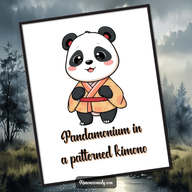 Funny Free Printable Wall Art: A panda wearing a patterned kimono is captured doing a silly, infectious wiggle, full of joy.