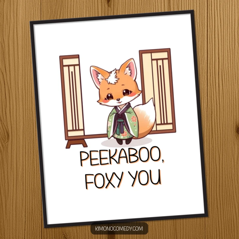 Funny Free Printable Wall Art: An elegant fox dressed in a kimono playfully peeks from behind a paper screen.