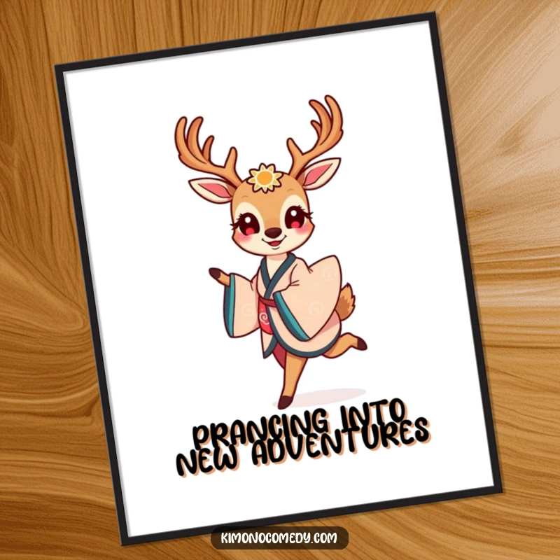 Elegant Free Printable Wall Art of a smiling kawaii deer in a kimono, prancing gracefully, adding a touch of class.