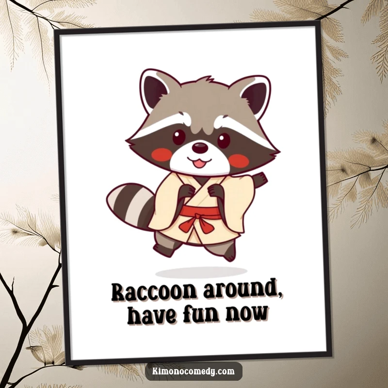 Funny free printable wall art of a cute Kawaii raccoon in a kimono doing a happy, playful hop.