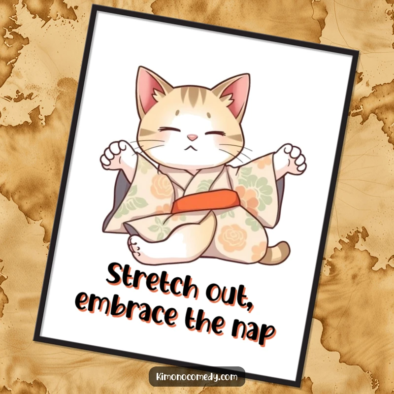 Funny Free Printable Wall Art: An artistically posed cat wearing a patterned kimono stretches lazily.