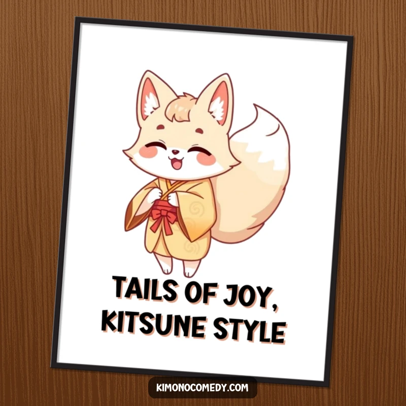 Funny Free Printable Wall Art: Giggling kawaii kitsune in a kimono wagging its multiple tails with joy.