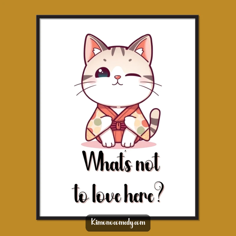 Funny Free Printable Kawaii Cat Art: Curious Kimono Head Tilt Downloadable Decor