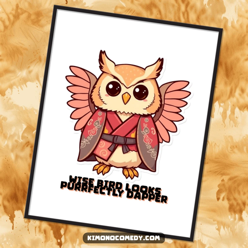 Funny Free Printable Wall Art: Comically proud kawaii owl in a regal kimono, displaying stately elegance and humor.