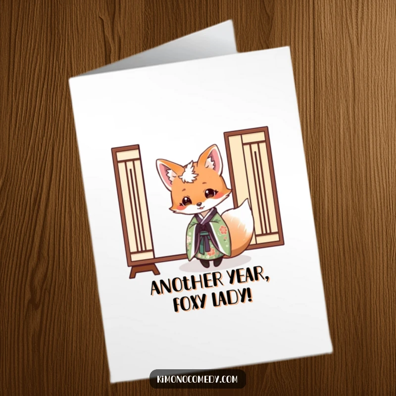 Funny Free Printable Birthday Card: A fox in an elegant kimono playfully peeks from behind a paper screen.