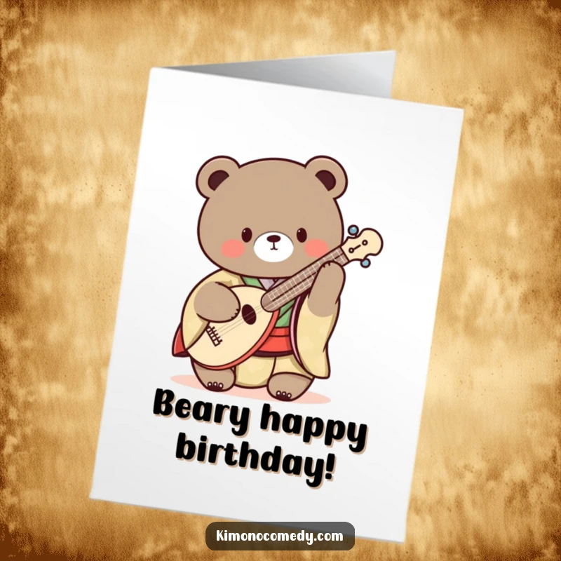 Funny Free Printable Birthday Card: Kawaii bear in a traditional kimono strumming a shamisen with a happy expression.