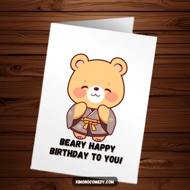 Funny Free Printable Birthday Card: A bear in a formal kimono bows politely with a gentle smile, offering birthday wishes.