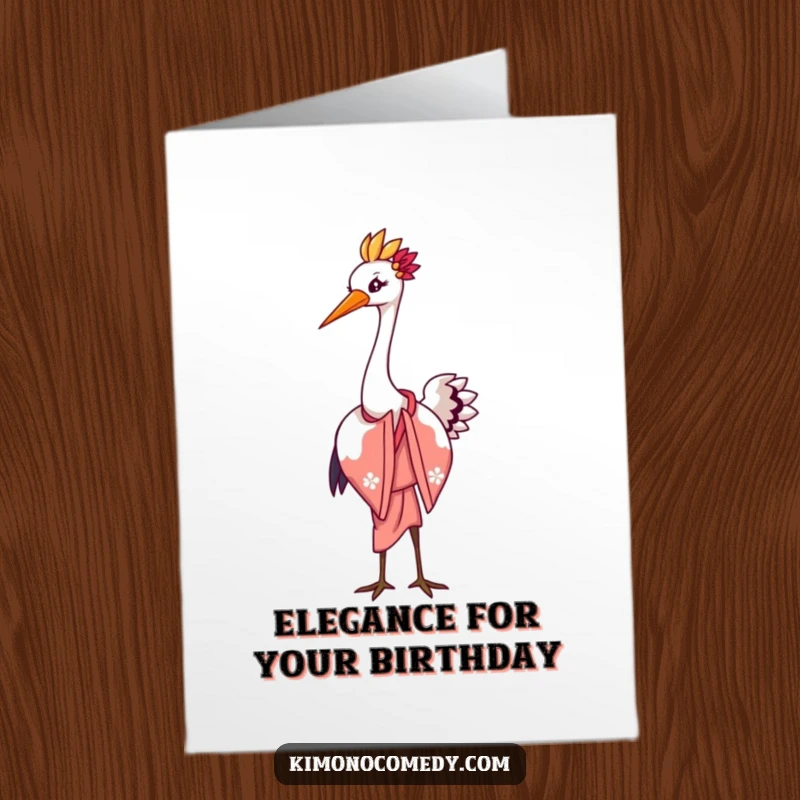 Funny Free Printable Birthday Card: Gracious kawaii crane in an elegant kimono bowing with a comical flourish.