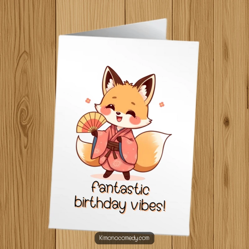 Funny Free Printable Birthday Card: A happy kawaii fox in a colorful kimono dances energetically with a fan.
