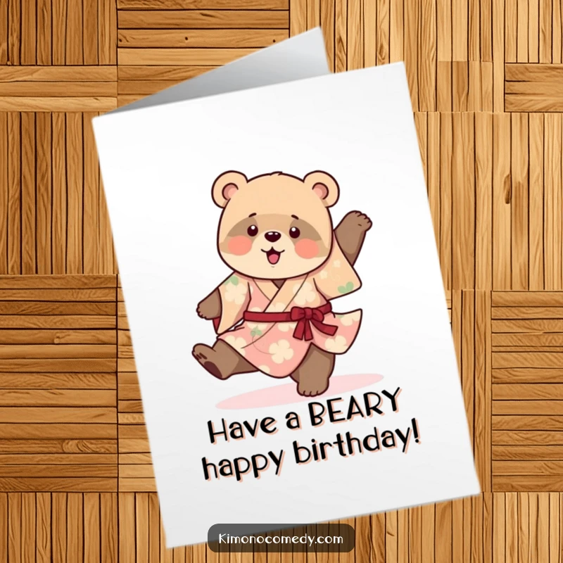 Funny Free Printable Birthday Card: A playful bear cub in a vibrant kimono attempts a clumsy, adorable cartwheel.