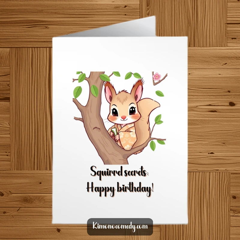 Funny Free Printable Birthday Card: A curious squirrel in a patterned kimono peeks playfully from a tree branch.