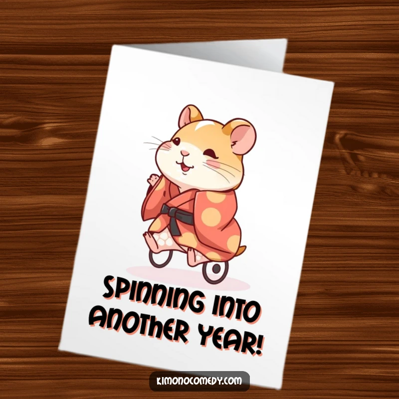 Funny free printable birthday card of an energetic hamster in a colorful kimono, running fast on a tiny wheel.
