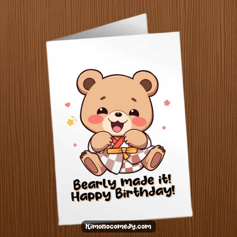 Funny Free Printable Birthday Card: Kawaii bear in kimono tumbling with pure joy, ready for laughs.