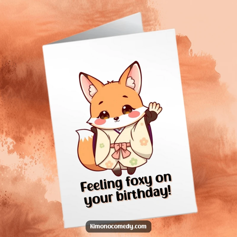 Funny Free Printable birthday card: a grinning fox in a flowing kimono happily waving with a paw.