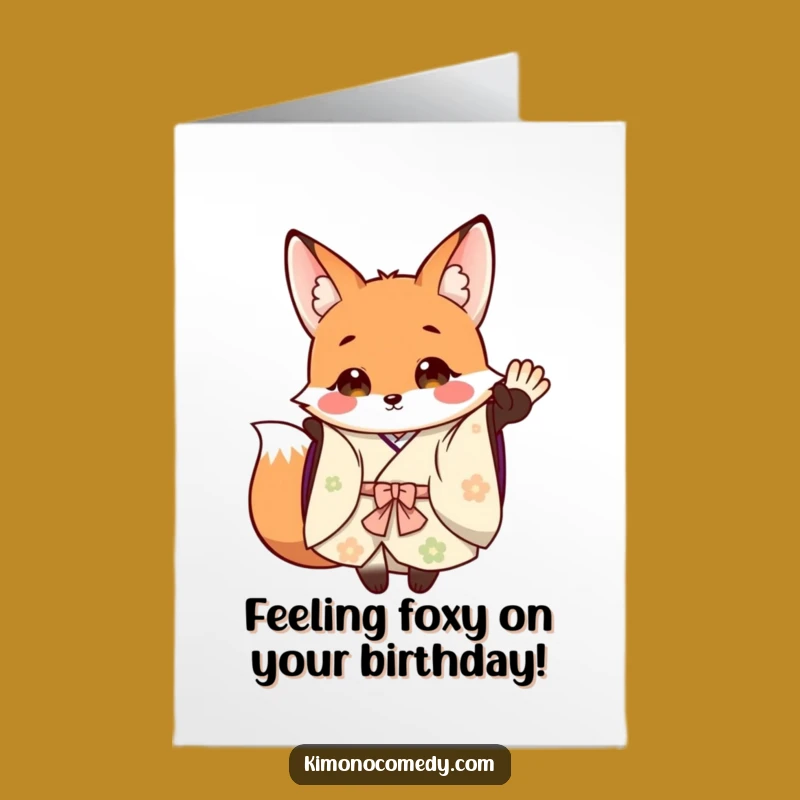 Free Printable Birthday Card: Happy Fox Kimono Wave, Downloadable Gift for Joyful Wishes