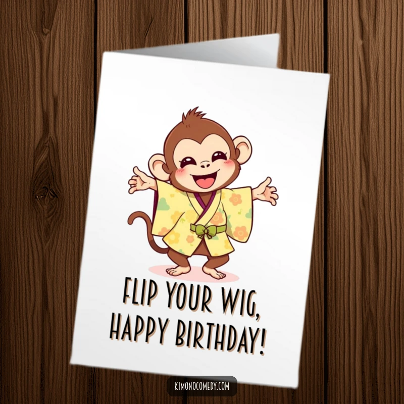Funny Free Printable Birthday Card: A joyful monkey in a bright kimono performs a silly, energetic flip.