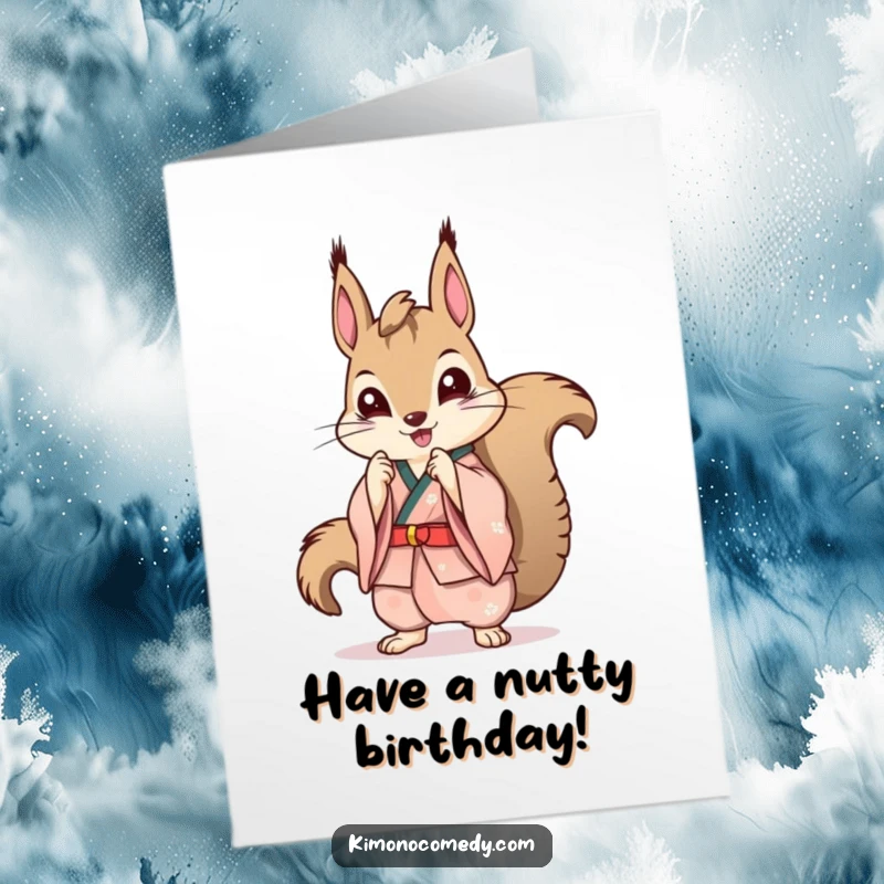Funny Free Printable Birthday Card: Kawaii squirrel in a stylish kimono striking a confident, fashionable pose.