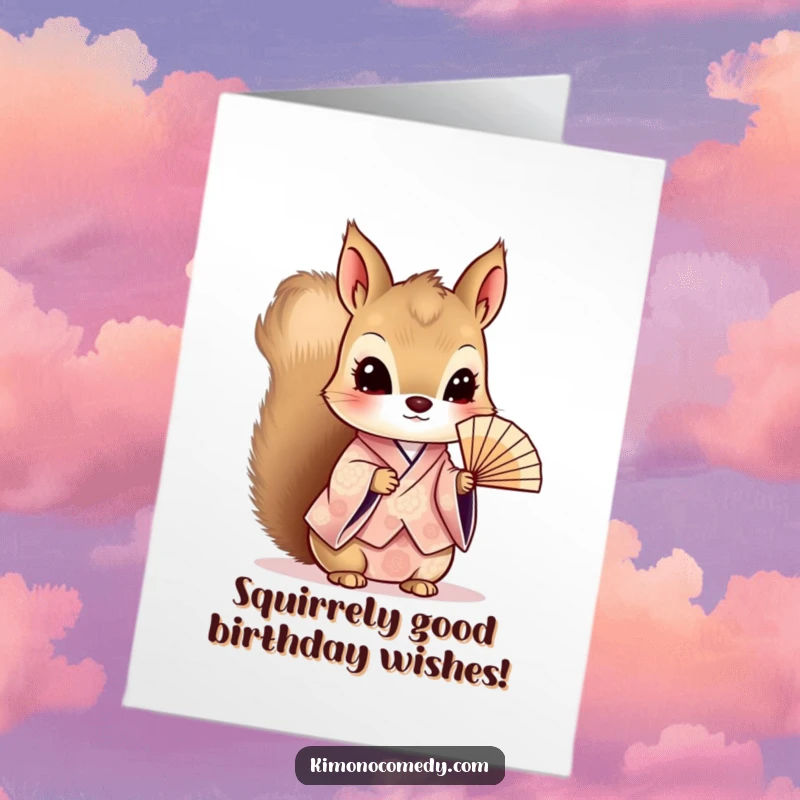 Funny Free Printable Birthday Card: Curious kawaii squirrel in a patterned kimono holding a delicate fan.