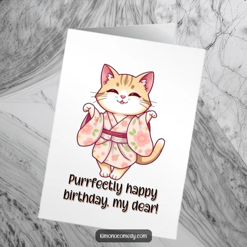 Funny Free Printable Birthday Card: A cat in a floral kimono gracefully twirls, celebrating with feline charm and flair.