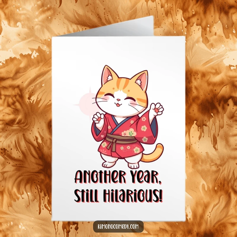 Funny Free Printable Birthday Card: Kawaii cat in a vibrant kimono strikes a hilariously quirky pose, ready to celebrate.