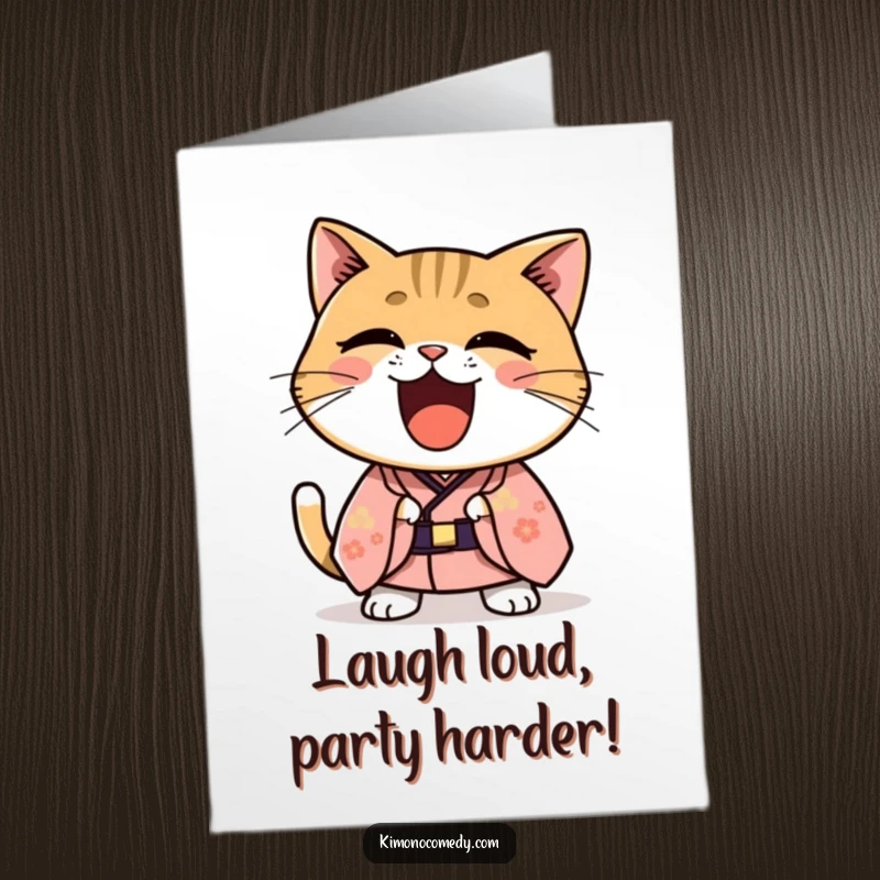 Funny Free Printable Birthday Card: Kawaii cat in a formal kimono is captured mid-laugh, radiating pure comedic delight.