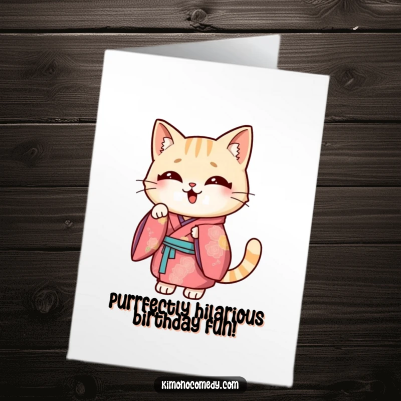 Funny Free Printable Birthday Card with a Kawaii cat in a vibrant kimono striking a hilarious, unexpected pose.