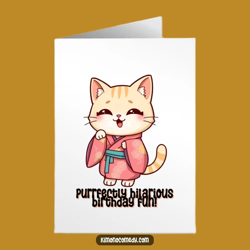 Free Printable Funny Cat Birthday Card: Vibrant Kimono Pose Downloadable Gift