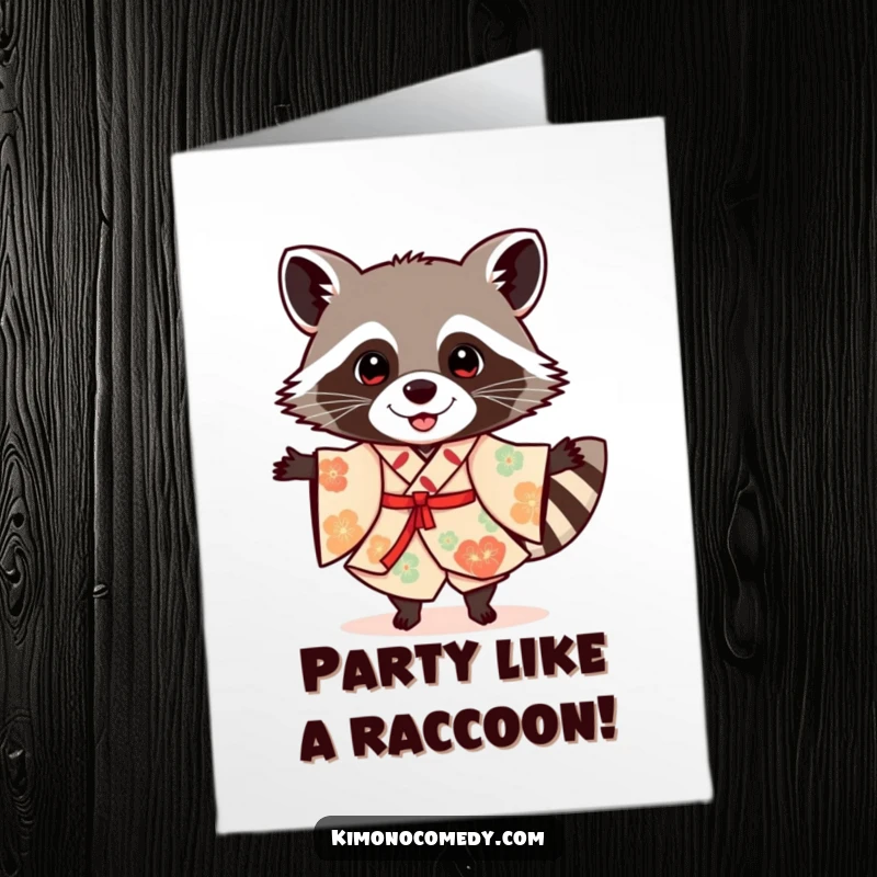 Funny Free Printable Birthday Card showing a cheerful raccoon in a festive kimono, energetically dancing with joy.