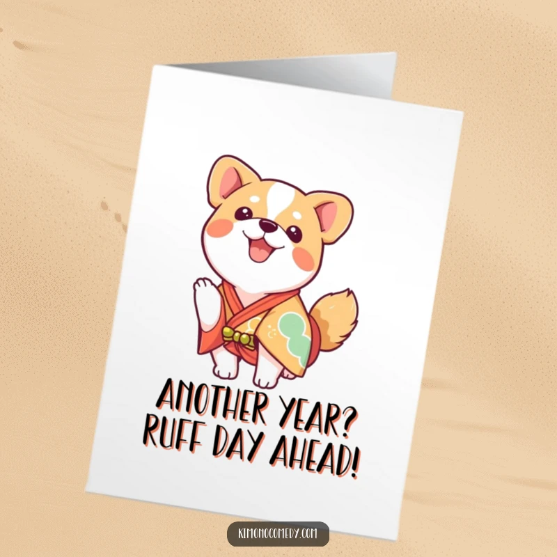 Funny Free Printable Birthday Card: Enthusiastic kawaii dog in a bright kimono, wagging its tail with birthday cheer.