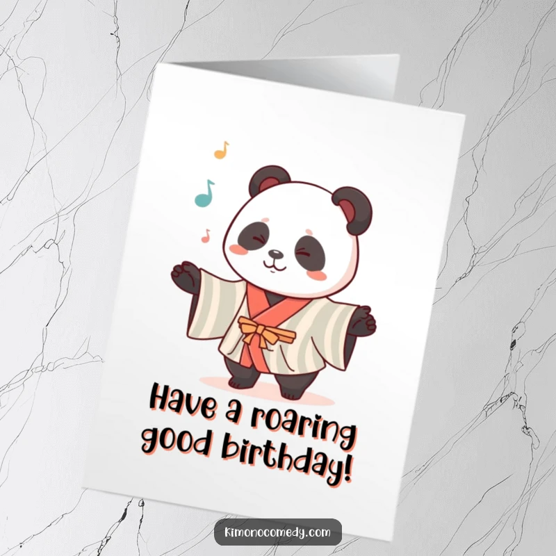 Funny Free Printable Birthday Card: Kawaii panda in a striped kimono skillfully juggling with a smile.