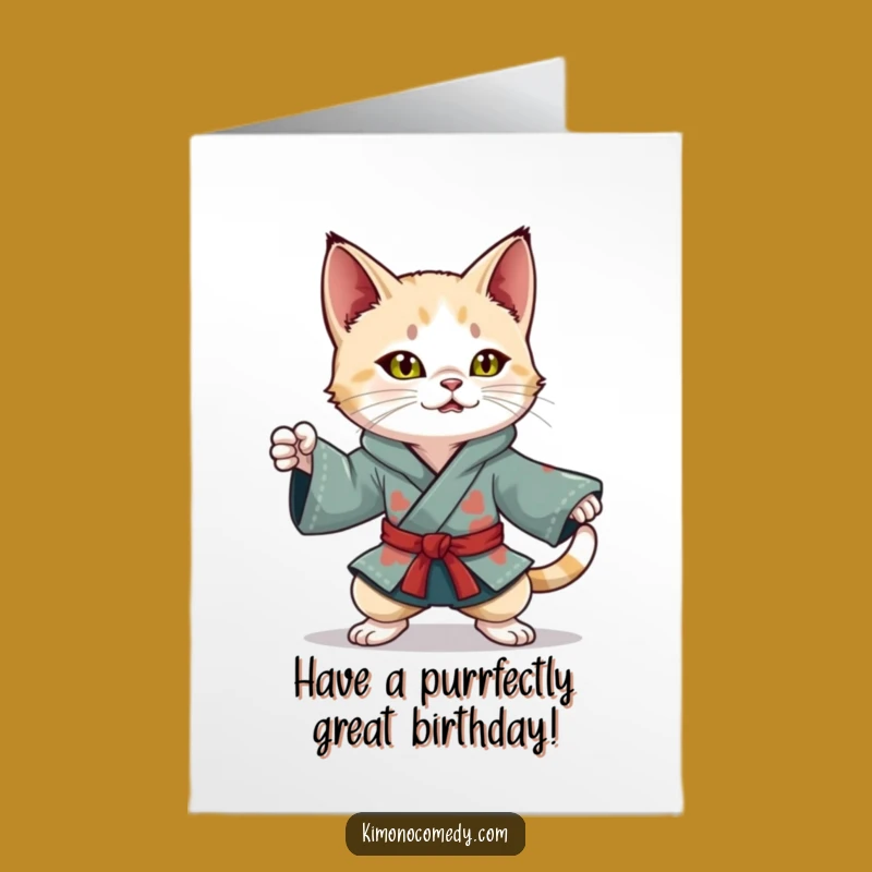 Free Printable Ninja Cat Kimono Birthday Card - Dynamic Pose Downloadable Fun