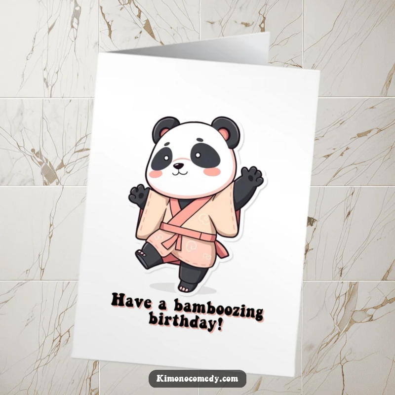 Funny Free Printable Panda Birthday Card: Adorable panda in a colorful kimono striking a dynamic pose with one leg gracefully raised.