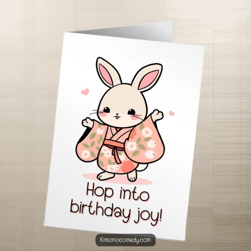 Funny Free Printable Birthday Card: A joyful kawaii rabbit dancing gracefully adorned in a floral kimono.