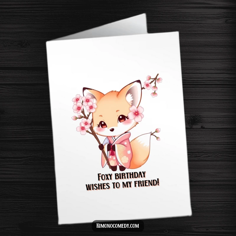 Funny Free Printable Birthday Card: Shy kawaii fox in a beautiful kimono peeking from behind a cherry blossom.