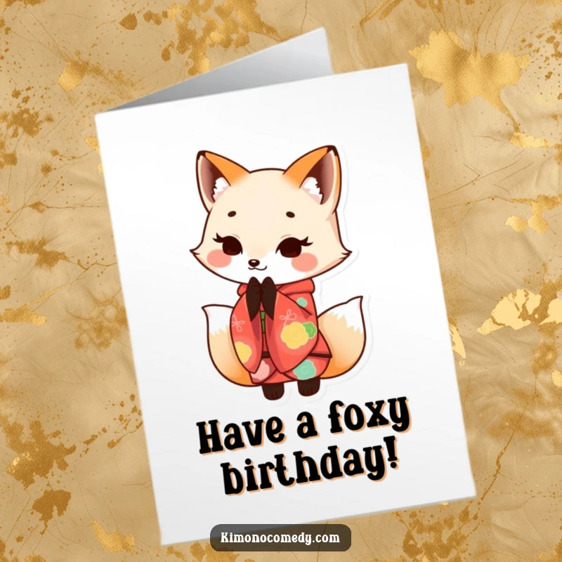 Funny Free Printable Birthday Card: A polite kawaii fox in a colorful kimono bowing with a warm smile.