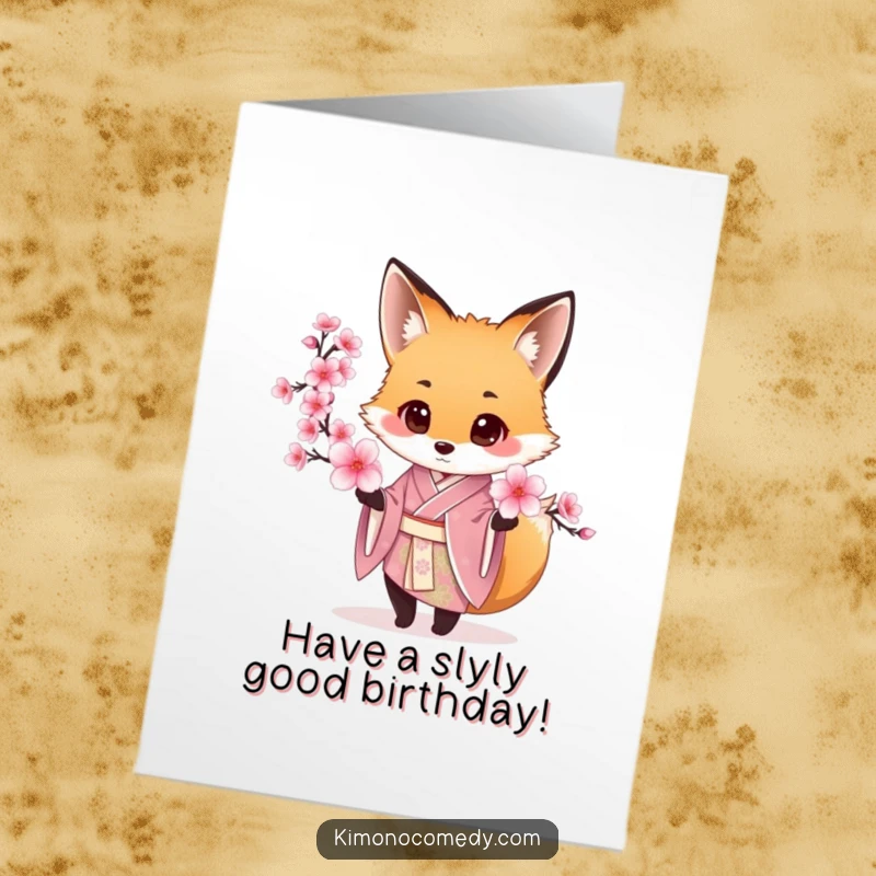 Funny Free Printable Birthday Card: A suave fox in a silk kimono gracefully offers a delicate cherry blossom, perfect for birthday greetings.