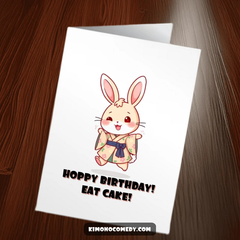 Funny Free Printable Birthday Card featuring a joyful rabbit in a floral kimono, hopping with pure delight and excitement.