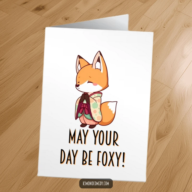 Funny Free Printable Birthday Card: Kawaii fox in a colorful kimono bowing politely with a cheerful smile.