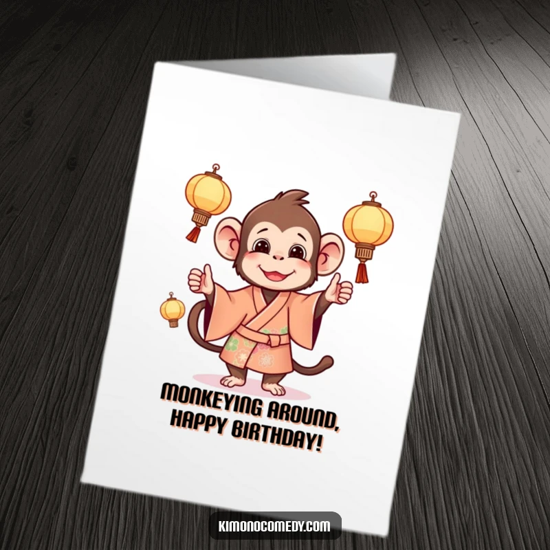 Funny Free Printable Birthday Card: A mischievous monkey in a bright kimono juggles small, glowing lanterns.