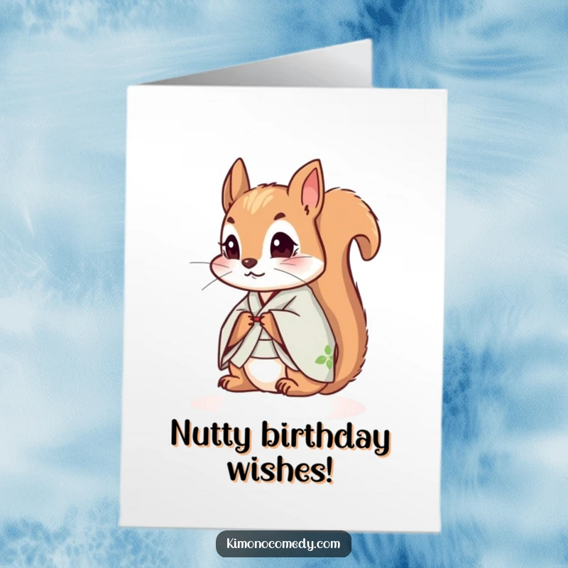 Funny Free Printable Birthday Card featuring a small, curious squirrel dressed in a detailed kimono, peeking out.