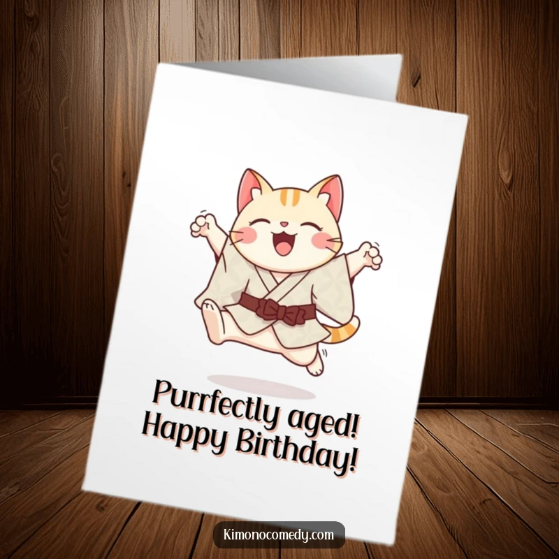 Free Printable Birthday Card: A cheerful kawaii cat in a patterned kimono executes a graceful leap.