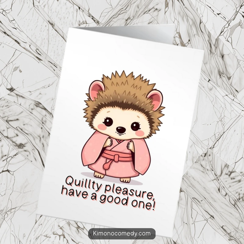 Funny free printable birthday card featuring a shy hedgehog in a kimono hiding behind its quills.