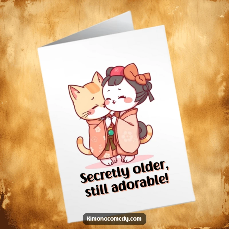 Funny Free Printable Birthday Card: Kawaii cat in kimono whispers a secret joke, spreading laughter and joy. A delightful downloadable surprise.