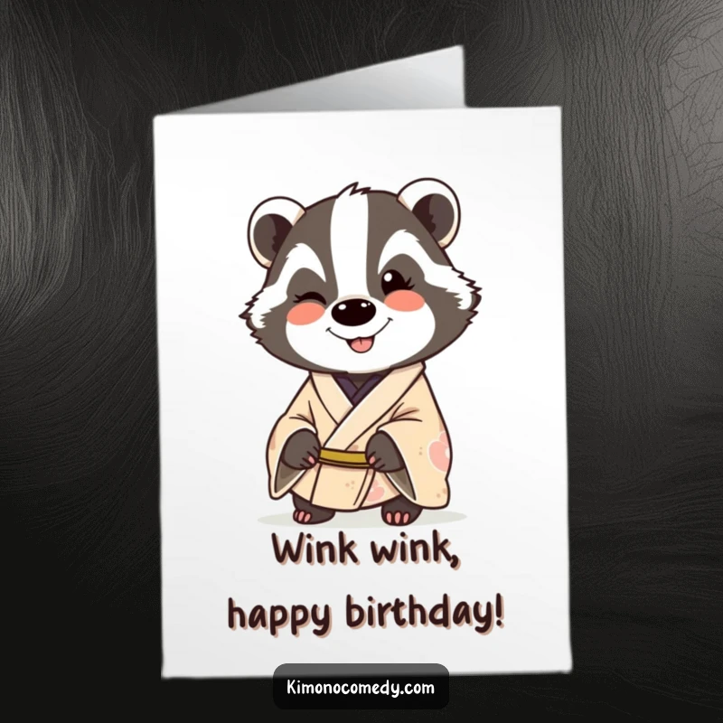 Funny Free Printable Birthday Card featuring a smiling badger in a kimono, giving a charming and cheeky wink.