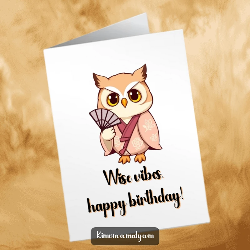 Funny Free Printable Birthday Card featuring a stylish owl in a kimono, gracefully holding a fan, ready to celebrate.