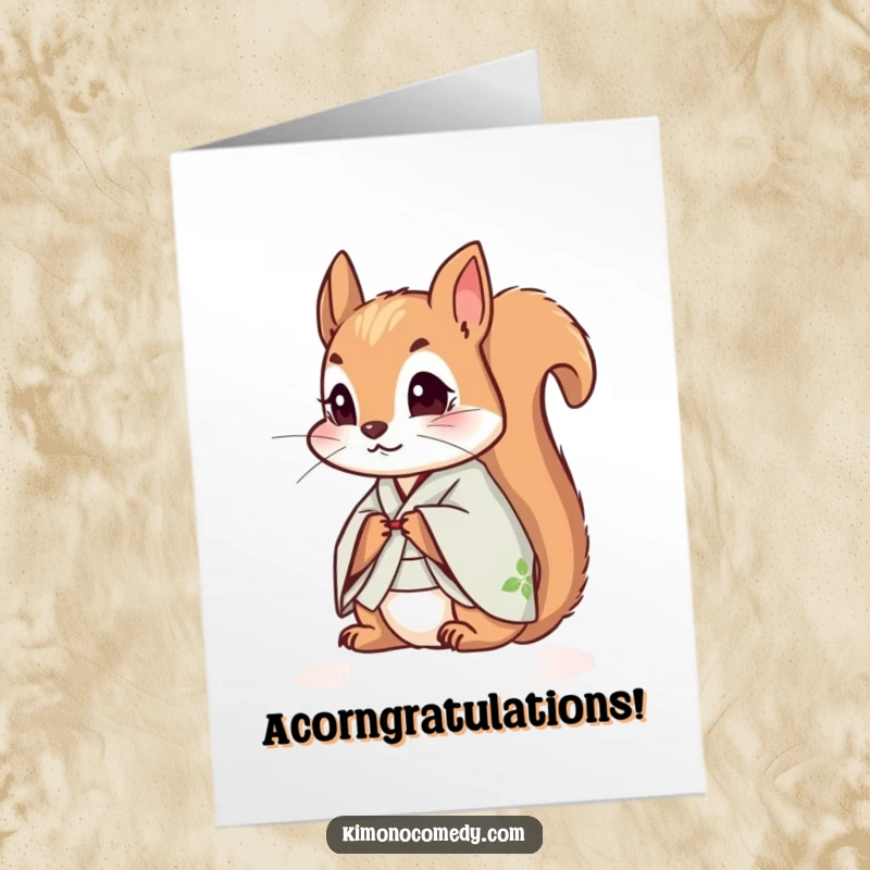 Funny Free Printable Congratulations Card of a small squirrel in a kimono, looking curiously at success, adding whimsy.