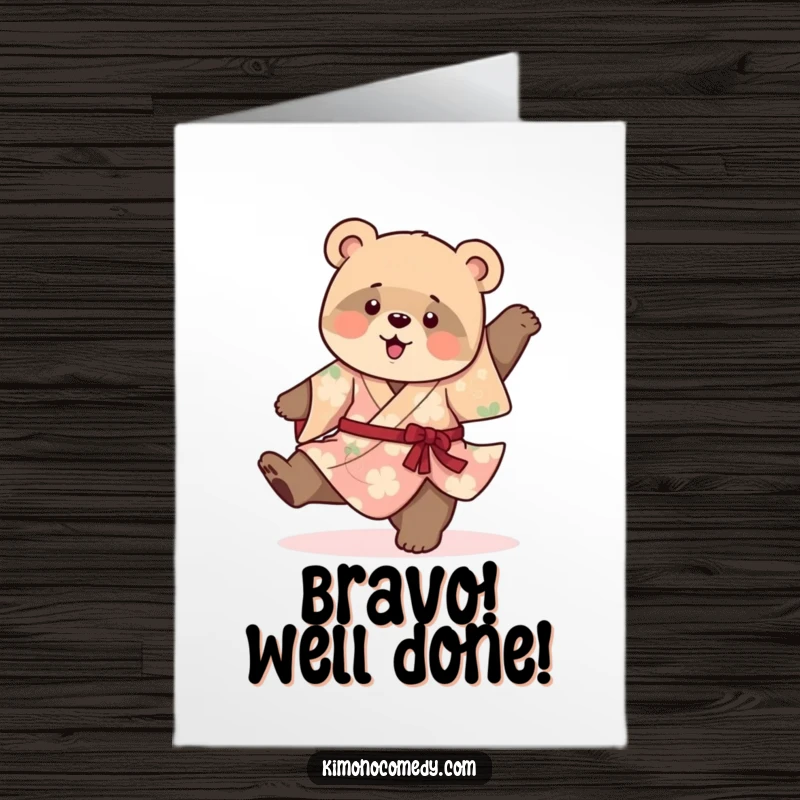 Funny Free Printable Congrats Card: A playful bear cub in a kimono does a silly, clumsy cartwheel.