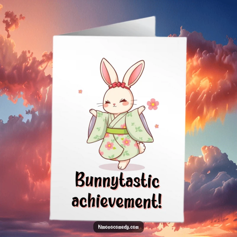 Funny Free Printable Congrats Card: Kawaii rabbit in a floral kimono, mid-dance with a huge smile.