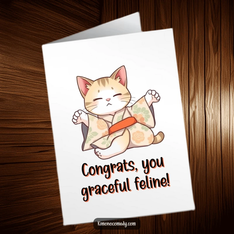 Funny Free Printable Congratulations Card: An artistically posed cat in a patterned kimono stretches lazily, celebrating.